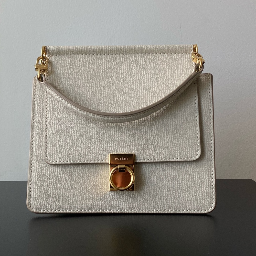 Small Ivory Leather Top-Handle Bag with Gold Hardware
